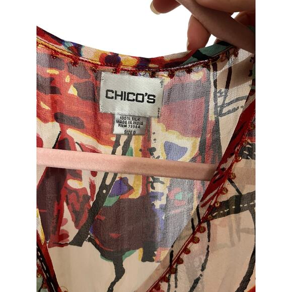 Chico's 100% silk lightweight sheer top 3/4 sleeve v-neck embroidered size 0 S - Picture 4 of 6